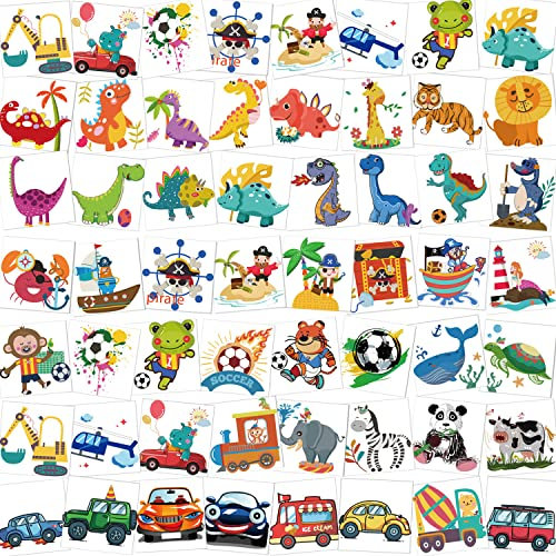 HOWAF Tattoo Kinder, 96 Piraten Fußball Tier Fahrzeuge Dinosaurier Tattoo Set Klebetattoos hautfreundliche Kindertattoos Aufkleber für Jungen Mädchen Mitgebsel Kindergeburtstag Gastgeschenke