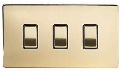 Soho Lighting Brushed Brass Gold 3 Gang Light Switch Double Plate Blk Ins Screwless