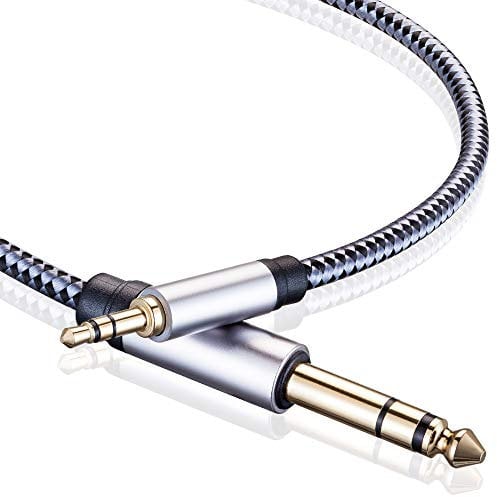 3.5mm to 6.35mm TRS Stereo Audio Cable 2M, Gold-Plated Terminal Silver Color Zinc Alloy Housing 3.5mm 1/8 Male TRS to 6.35mm 1/4 Male TRS Nylon Braided Stereo Audio Cable for iPhone, Amplifiers (2M)