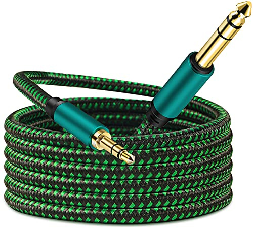 3.5mm to 6.35mm TRS Stereo Audio Cable, Gold-Plated Terminal green Color Zinc Alloy Housing 3.5mm 1/8 Male TRS to 6.35mm 1/4 Male TRS Nylon Braided Stereo Audio Cable for Cellphone and More (2M)