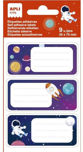 APLI Kids 19017 - Etiquetas escolares modelo Planetas - Ideales para identificar libros y objetos - 3 diseños distintos, 9 etiquetas