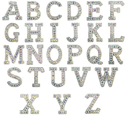Woohome 26 PCS Iron On Patch Rhinestone A-Z White Pearl Patch Bling Letter Applique Rhinestone Pearl English Letter Sew On Patches Glitter Alphabet Applique for DIY Craft Supplies, AB Colors