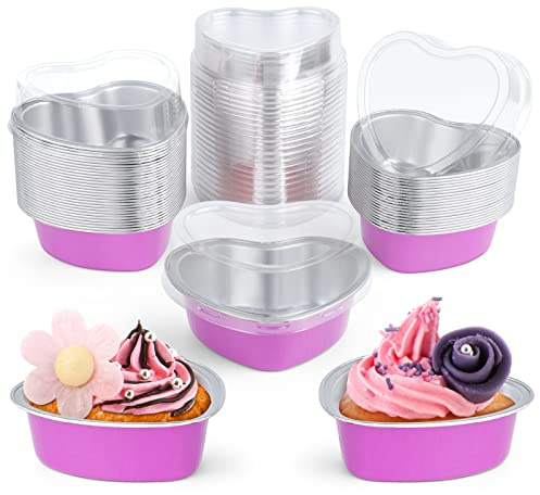 ELECLAND 50Set Pink Heart Cake Pans 100ml Aluminum Foil Heart Shaped Cake Pan with Lids Dessert Baking Cup Liners Cupcake Containers for Valentines Wedding Christmas Birthday Mother's Day Party Decor