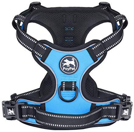 PoyPet No Pull Hundegeschirr, reflektierendes Westengeschirr mit 2 Leinenbefestigungen und einfachem Steuergriff für kleine mittelgroße Hunde (Blau, L (1er Pack))