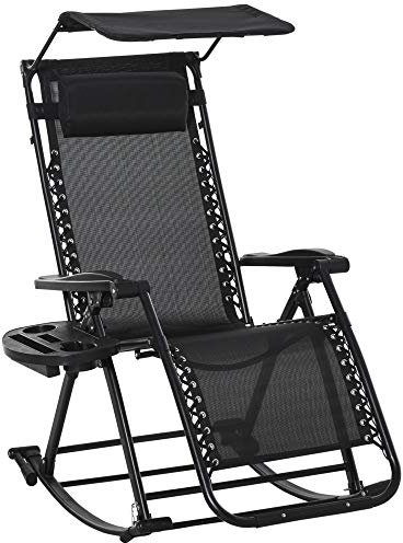 Outsunny Garden Rocking Chair Folding Recliner Outdoor Adjustable Sun Lounger Rocker Zero-Gravity Seat with Headrest Side Holder Patio Deck - Black