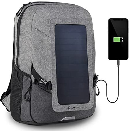 Sunnybag Explorer+ - Zaino solare con pannello solare integrato da 6 Watt, porta USB, ricarica wireless, scomparto per laptop da 15 pollici, 15 litri, tessuto in poliestere idrorepellente, grigio/nero