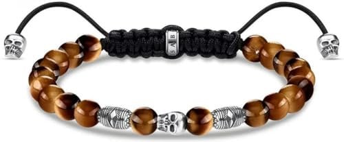 Thomas Sabo Herren Armband Totenkopf braun, aus polierten Tigerauge Perlen, geschwärzten 925er Sterlingsilber Elementen, Länge: 15-22 cm, A1945-329-2-L22V
