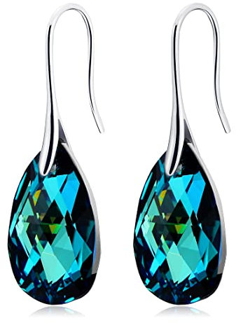 HuaCan Ohrringe 925 Sterling Silber mit Blau Swarovski Kristall Anhänger Ohrhaken Ohrstecker Ohrhänger für Damen Frauen Mädchen