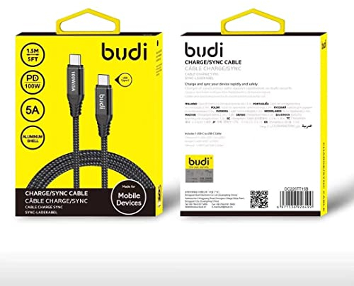 Budi USB C auf C 100 WPD geflochtenes Schnellladekabel mit Aluminiumhülle für iPad, MacBook und Schnellladegeräte (1,5 m)