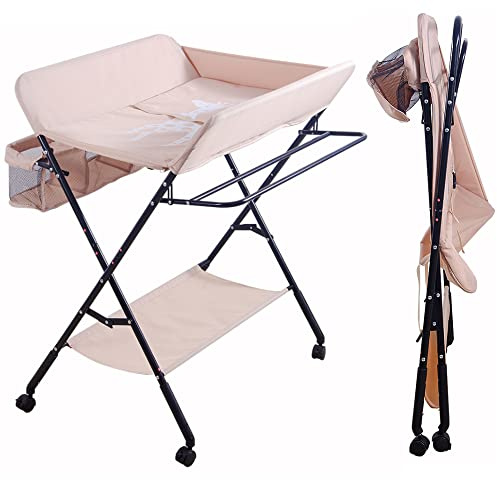 Wickeltisch Klappbar, Höhenverstellbare Wickelkommode, Traglast bis 15 kg, Anwendbare Mütter Höhe: 145-175 cm (Dunkelbeige-schwarz)