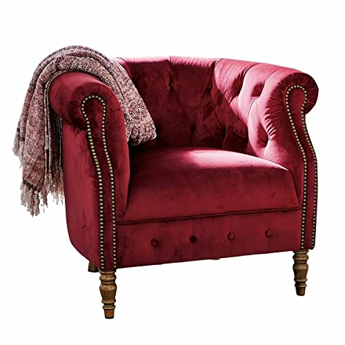 Loberon Sessel Gates Mills, Exklusiver Chesterfield-Style, mit Rautensteppung & Nieten, von Hand Gedrechselte Füße, Polyestersamt, Kautschukholz, rot