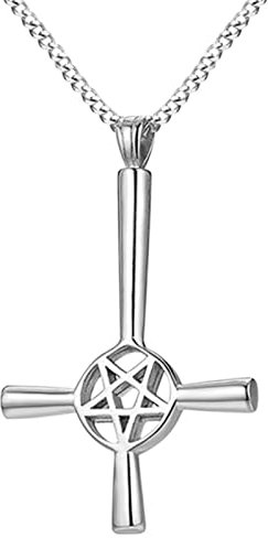 JewelryWe Schmuck Invertiertes Kreuz Halskette Herren Pentagramm Wicca Umgekehrtes Kreuz Edelstahl Anhänger Satan Luzifer St. Peter Amulett Kette Silber