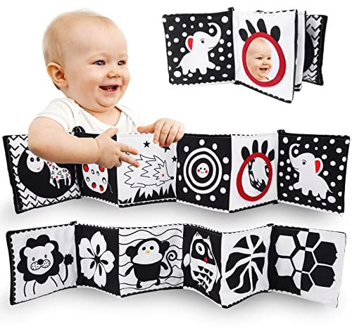Weysoo Kontrastbuch Baby,Schwarz Weiß Doppelseitig Baby Stoffbuch, Soft Bilderbuch aus Stoff, Klingendes Wahrnehmungs-Lernspielzeug mit Spiegel, Geschenke für Jungen Mädchen -Tierstil