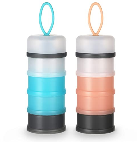 Vicloon Distributeur de lait en poudre pour bébé, 2PCS Portable 4 Compartiments Boîte Doseuse à Poudre de Lait, pour le voyage et les activités de plein air, Gris&Rose + Gris&Bleu