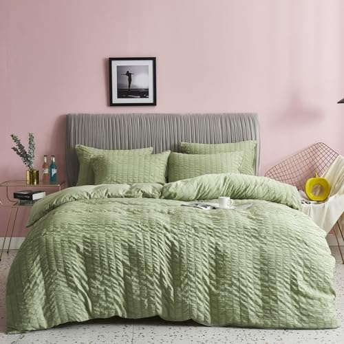 Freyamy Bettwäsche 220x240 Seersucker Grün Geprägt Gestreifte Bettwäsche-Sets Aesthetic Microfaser ÖKO-TEX Bettbezug 1 Deckenbezug mit Reißverschluss und 2 Kissenbezug 80x80cm