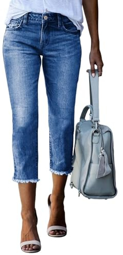 Sidefeel Women's Capri Jeans Trendy 2025 High Waisted Stretchy Straight Leg Raw Hem Capri Pants Sky Blue Size 8