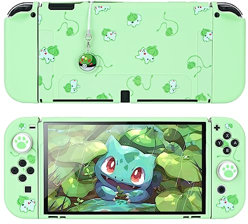 DLseego Schutzhülle Kompatibel mit Switch OLED,Weich Touch Schlank Abdeckung Hülle mit 2PCS Daumengriffkappen und Elfenkugeln Charme,Stoßdämpfung und Anti-Kratz,Grüner Frosch