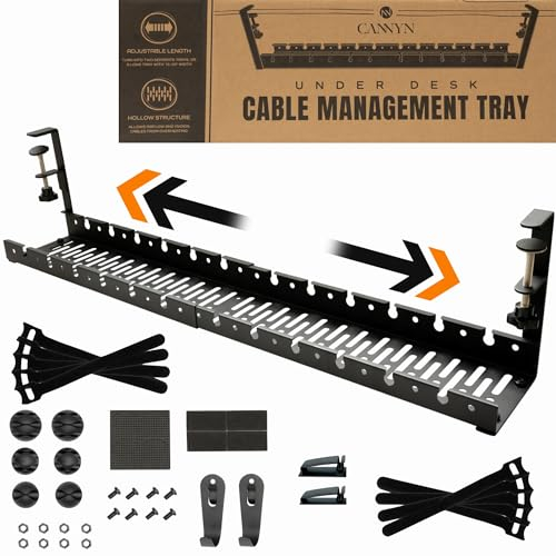 No Drill Under Desk Cable Management Tray - Extendable 16 to 31 Sturdy Steel Desk Cord Hider Raceway - Under Desk Cable Tray Holder with 38 Wire & Cable Rack Organizer Accessories - Black