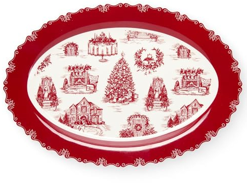 Nuvole di Stoffa Piatto da portata ovale natalizio, Vassoio in porcellana bianco e rosso stile francese Toile de Jouy Toile de Noel 34,6x24x2,5 cm