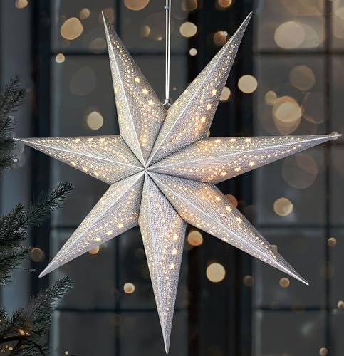 BRUBAKER 3D Weihnachtsstern zum Aufhängen - LED Papierstern mit Timer - 60 cm Adventsstern mit modernem Muster - Batteriebetrieben und Beleuchtet - Weihnachten Leuchtstern für Fenster - Silber