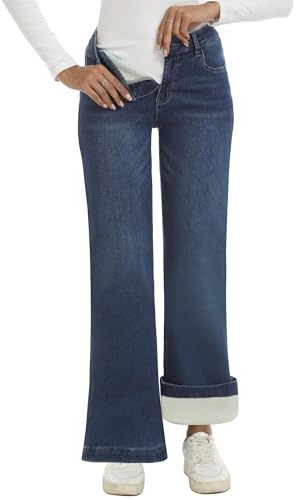 Fleece Lined Jeans Women High Rise Bell Bottom Winter Pants,Dark Blue,12