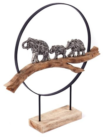 CREEDWOOD Große Elefanten SKULPTUR | Alu, Mangoholz, 55cm | Deko Figur, Familie Statue auf Sockel, Elephant Holz Aufsteller