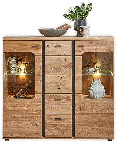 Highboard in Altesche massiv, Old Artisan Oak Optik FSC-zertifiziert - Moderner Wohnzimmerschrank mit Schubladen und LED-Beleuchtung - 145 x 134 x 38 cm (B/H/T)