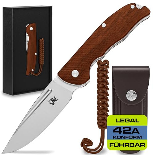 Wolfgangs RAVUS Zweihandmesser Klappmesser aus feinstem D2 Stahl und Ebenholz-Griff - Legale mitführbares Taschenmesser Klappmesser - Outdoor Survival Messer - Klappmesser Outdoor + Leder Holster