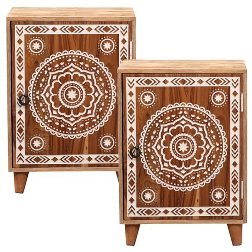 Marrakesch Boho 2er Set Nachttisch Beistelltisch aus Massivholz 70cm hoch | Kleine Kommode für Schlafzimmer oder Kinderzimmer als Orientalische Möbel | Skandinavische Deko Nachttische klein Boumia