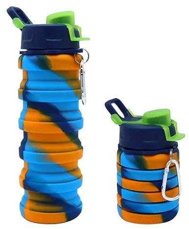 GMM Bottiglia Sportiva 500ML in Silicone, Borraccia sportiva riutilizzabile, Borraccia Pieghevole, senza BPA (Camouflage Azzurro)