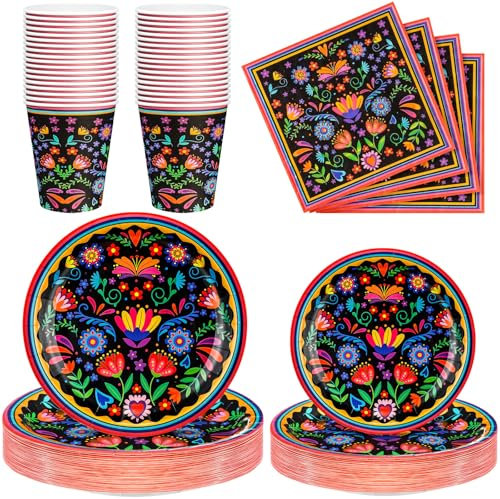 Domensi 200 Pcs Mexican Party Supplies for 50 Guests, Includes Mandala Flower Fiesta Paper Plates Mexican Napkins Cinco De Mayo Paper Cups for Dia De Los Muertos Taco Tuesday Birthday Party Decor