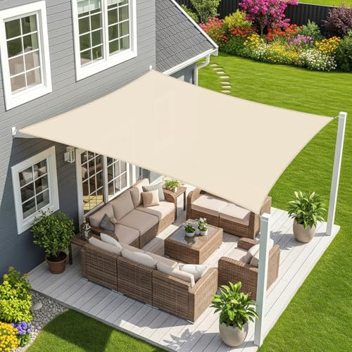 Sunnylaxx 4x5m Sonnensegel Wasserdicht Rechteckig Helles Khaki | Einfache Installation, Kostenlose Seilen Enthalten, PES Material, Doppelnähte,Verstärktes Band