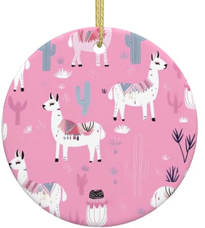 Rosa Lama Kaktus Weihnachten Keramik Anhänger Runde hängende Ornamente Urlaub Dekorationen für Weihnachtsbaum Haus Einkaufszentrum Dekoration