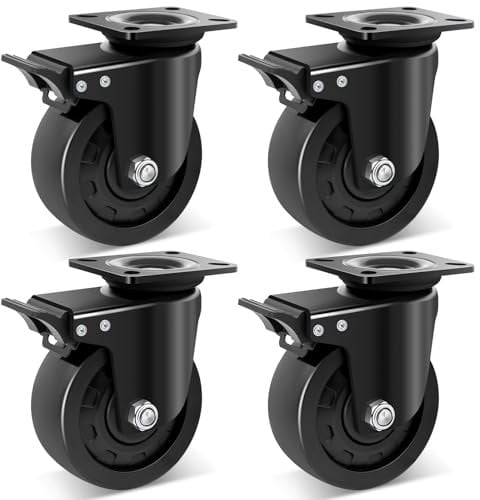 W B D WEIBIDA 125MM Schwerlastrollen, Tragkraft 4400KG Extra Breite Nylon Rollen Groß Schwarz mit Bremse, Hart und Dauerhaft Nylon-Möbelrollen Schwerlast für Werkbänke und Industrielle, 4 Pack