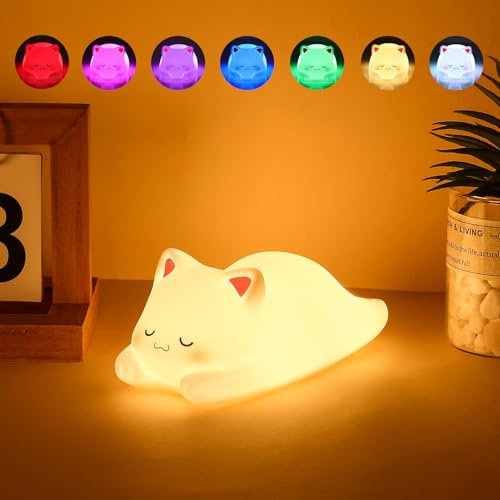 Tremdwoto nachtlicht katze,7 Farben Spaß Nachtlicht für Kinder katzen lampe 1/3 Stunde Timer Kitty Light USB Wiederaufladbar Dimmbar Kinderzimmer Lampe Geschenk für Kind Kleinkind Kawaii Schlafzimmer