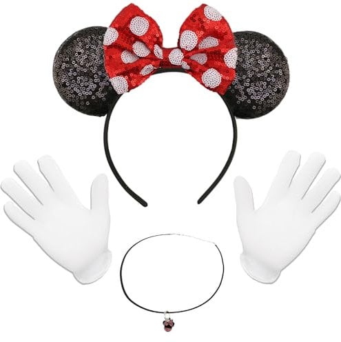 Mouse Ears Headband, Sparkly Bow Headbands Mouse Ears Headwear Cosplay Party Headband with 2 White Gloves and Pendant Necklace, Shiny Headband for Girls Women Fancy Dress Costume Head Band