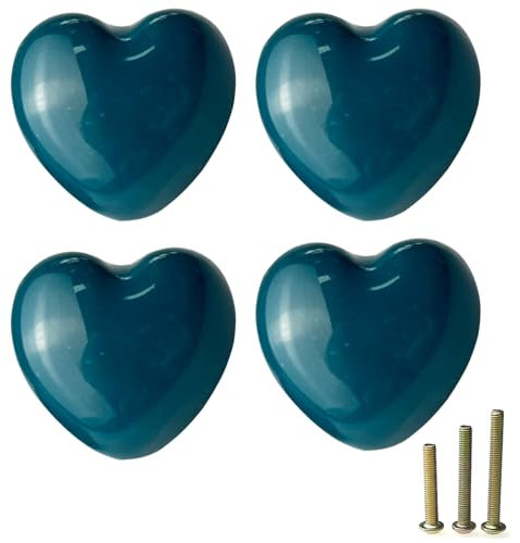 Mimhooy 4 Pack Teal Ceramic Heart Shaped Drawer Knobs for Cabinets, Cupboards & Draws - Decorative