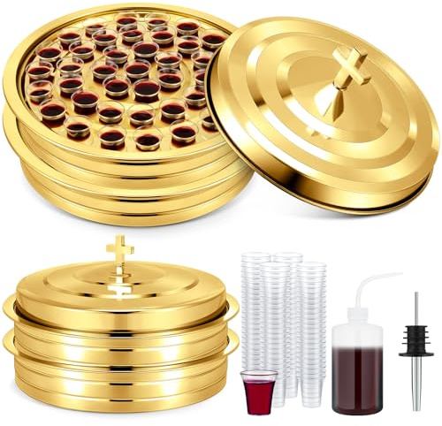Zhehao Kommuniontablett 2-stöckig aus Edelstahl mit Deckel | Tassenfüllung inklusive, 100 Einwegbecher, Gold-Finish, Kommunionservice in der Kirche, leicht zu befüllen