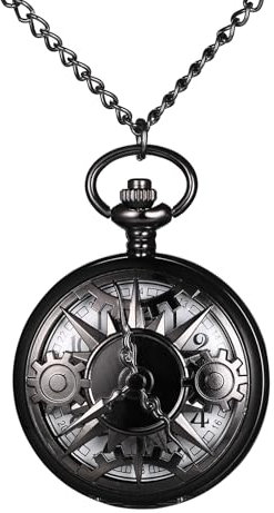 JewelryWe Zahnrad Taschenuhr Herren mit Kette: Vintage Hohle Zahnrad Analog Quarz Kettenuhr Schwarz Steampunk Uhr Anhänger Halskette Geschenk für Männer Frau