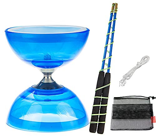 TopHomer Diabolo Jonglage Kit, Diabolo Triple roulement pour Débutants et Professionnels avec Cordon de Rechange de 10 m, Barre Professionnelle, Sac en Filet Diabolo (Bleu, Style Ordinaire)
