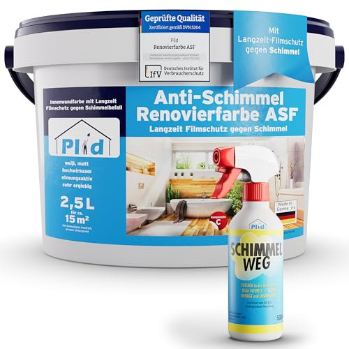 Plid® Anti Schimmel Renovierfarbe ASF 2,5l inkl. Anti-Schimmel Spray - Innen Weiß für alle Wände [DAUERHAFTER SCHIMMELSCHUTZ] - Farbe für feuchte Räume, Bad & Küche - Effektiver Schutz