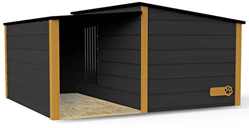 Outentin Hundehütte Isoliert Winterfest - Hundehaus XL Für Große Hunde- Luxus Hundehütte Outdoor mit Vordach - Wasserdicht und Isolierte Hundehütte - 123 x 105 x 53 cm (Grau - Gelb)