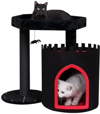 YARUOMY Árbol rascador gótico, torre negra con ataúd, cama para gatos, espacioso condo para gatos de Halloween, árboles para rascar, bola colgante de araña, muebles para gatos góticos (pequeño)