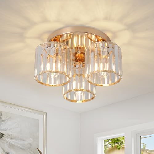 ZYDTRIP Crystal Chandeliers Ceiling Light, 3-Lights Crystal Ceiling Lights Living Room, Modern Gold Semi Flush Light Fittings for Bedroom, Hallway, Bathroom, Foyer, Kitchen Light Fixture