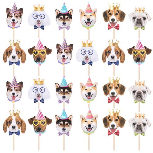 JJUNW 24 Stück Hunde Cupcake Topper, Hunde-Welpengesichter Muffin Deko Tier Tortenaufleger für Hunde Welpen Motto Party Kindergeburtstag Party Dekorationen