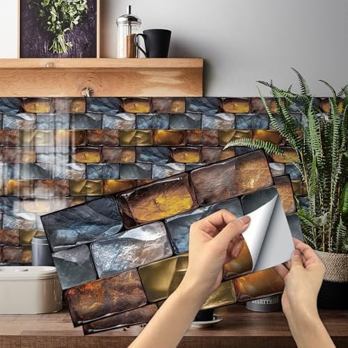 AMOYUN Reusable Tile Stickers for Renters - Removable Vinyl Self Adhesive Wall Tiles, Heat Resistant Kitchen Backsplash & Bathroom Splashback (15cm x 30cm, Stone Effect