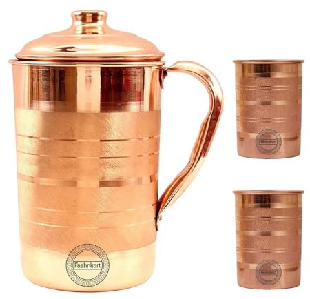 Pure Copper Pitcher with 2 Tumbler for Ayurvedic Health Benefits 1.5 Liter Handcrafted Copper Water Jug with 2 Cup