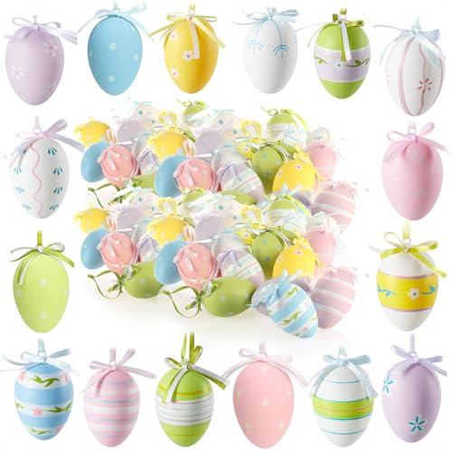 com-four® 72x Deko-Aufhänger Ostern - Ostereier aus Kunststoff zum Aufhängen - Ostereier in vielen bunten Farben (72 Stück - 6 Farben - Mix 1)