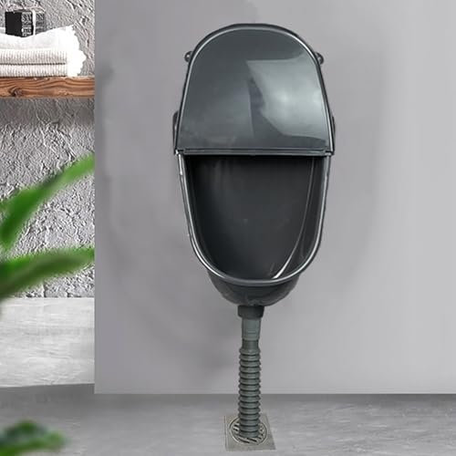An der Wand montiertes Herrenurinal, wasserlose Urinale für Männer mit Deckel, an der Wand montiertes Kunststoffurinal mit manuellem Spülventil und Rohren für Garage, Schuppen, Hinterhof