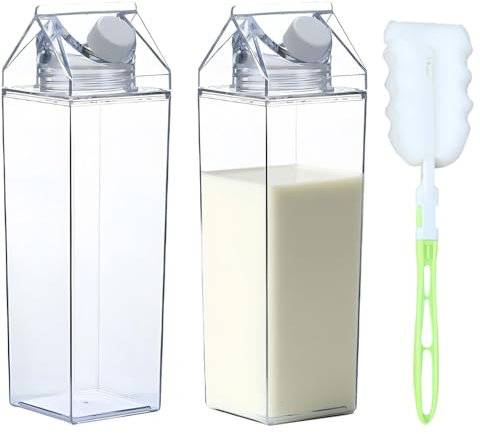 WZHHDM Milk Carton Water Bottle, 2pcs Clear Milk Carton, 500ml Clear Square Milk Bottles Reusable Milk Carton Container With Brushes for Camping Activities Outdoor Sports Travel